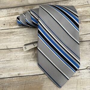 Jos A Bank Silk Neck Tie NWT $84 Silver Blue Striped LONG Career Office Preppy